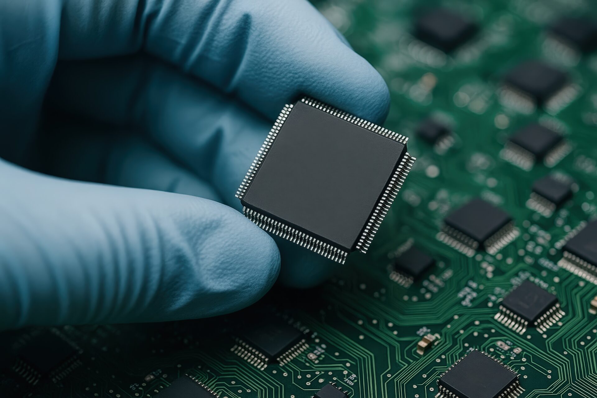 青い手袋で持つ半導体チップと基板のクローズアップ