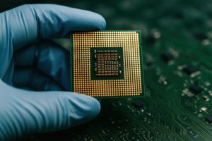 青い手袋で持たれた金色のピンが並ぶCPU