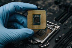 マザーボード上で持ち上げられたCPUチップ