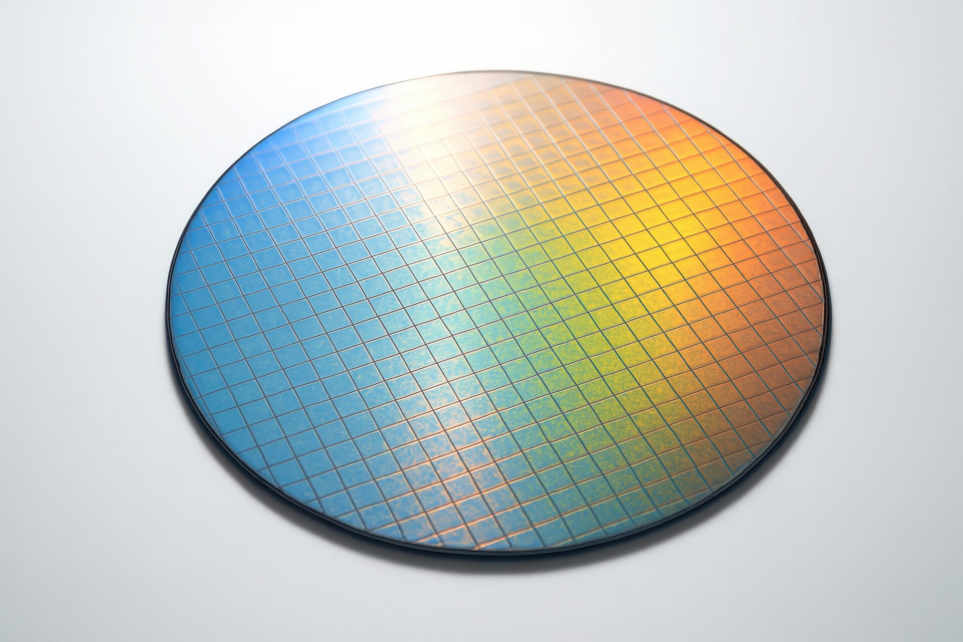 虹色に輝くシリコンウェハーのクローズアップ