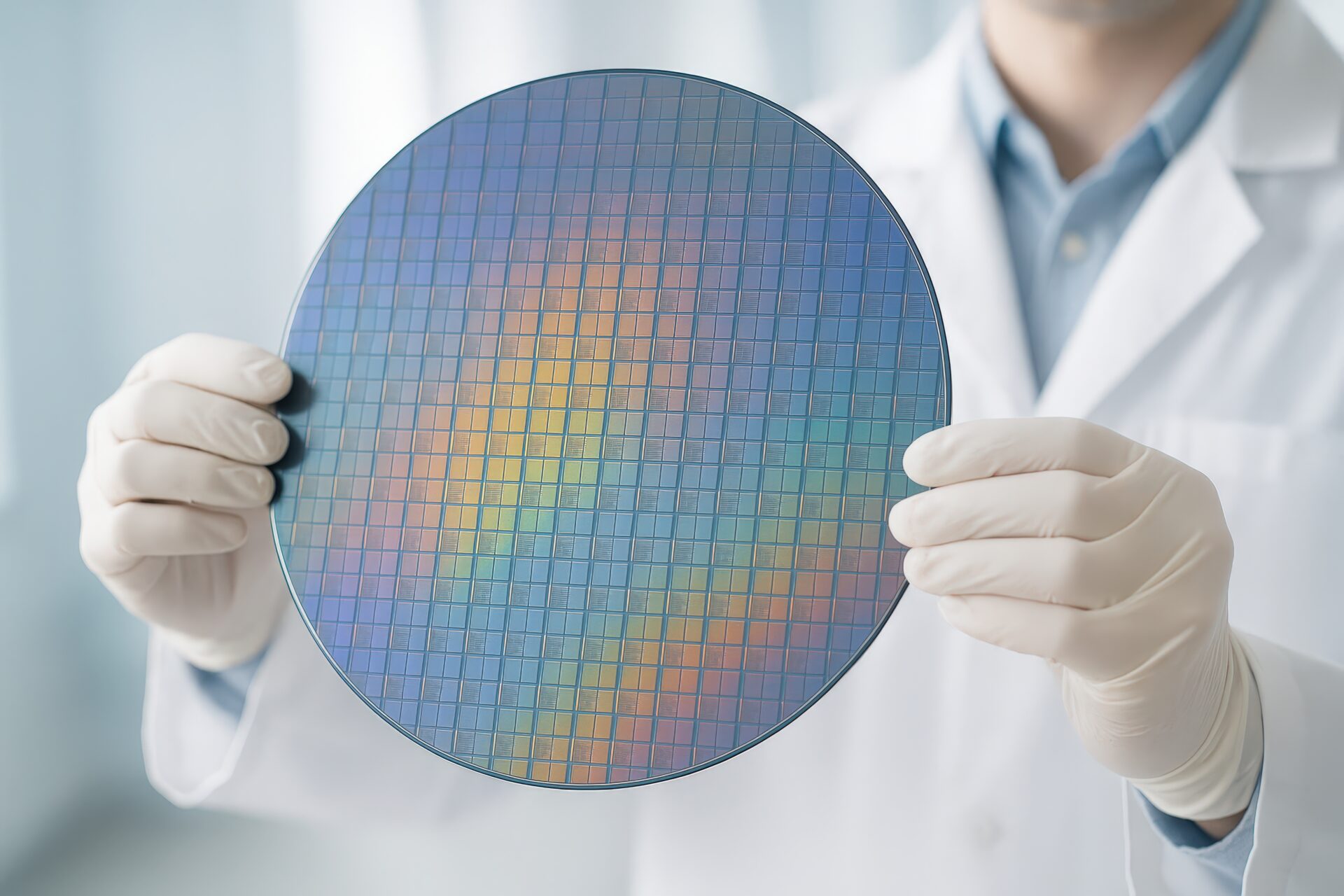 白衣の研究者が持つシリコンウェハー