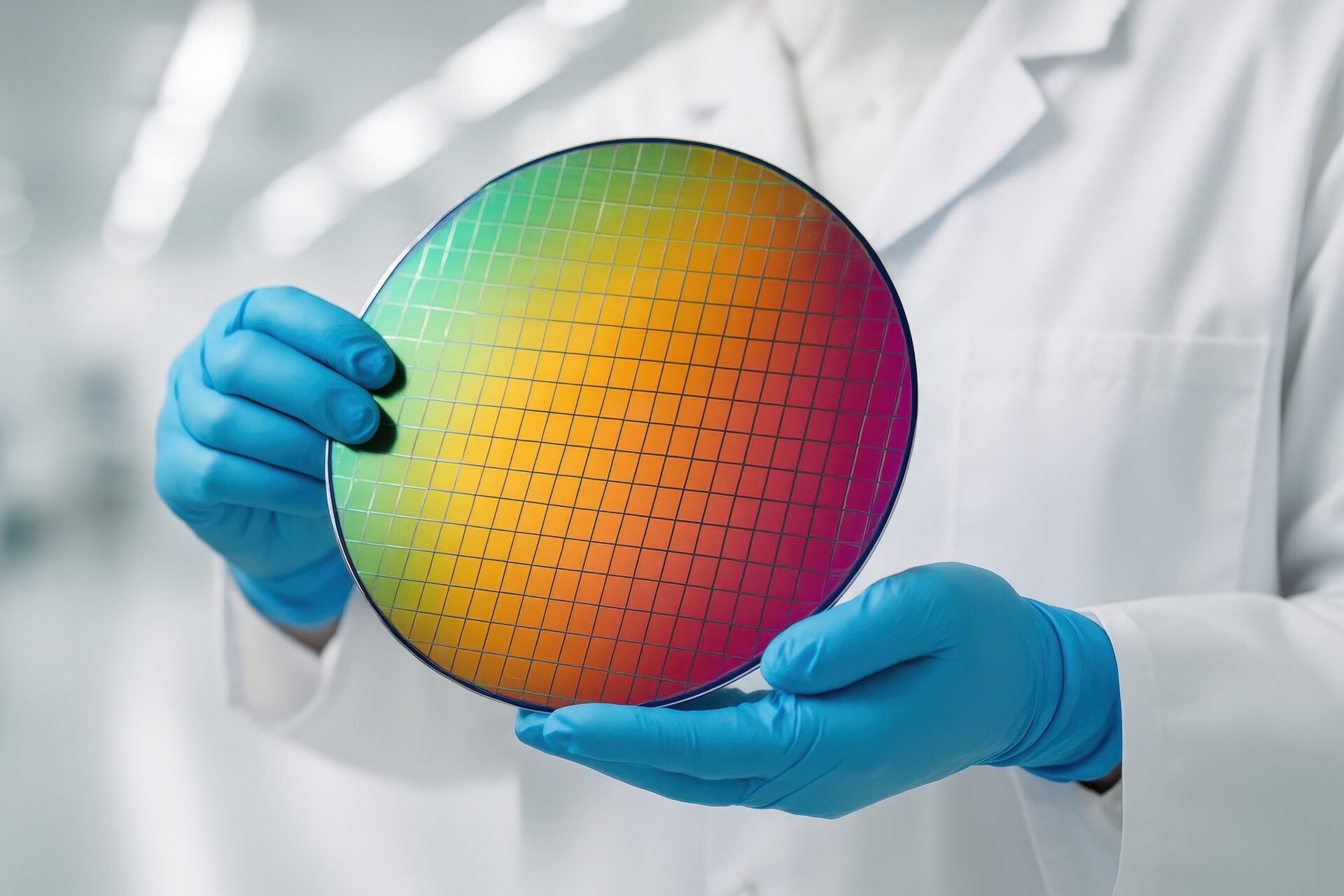 丁寧に扱われるシリコンウェハー