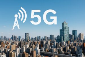 5G通信と高層ビル群の風景