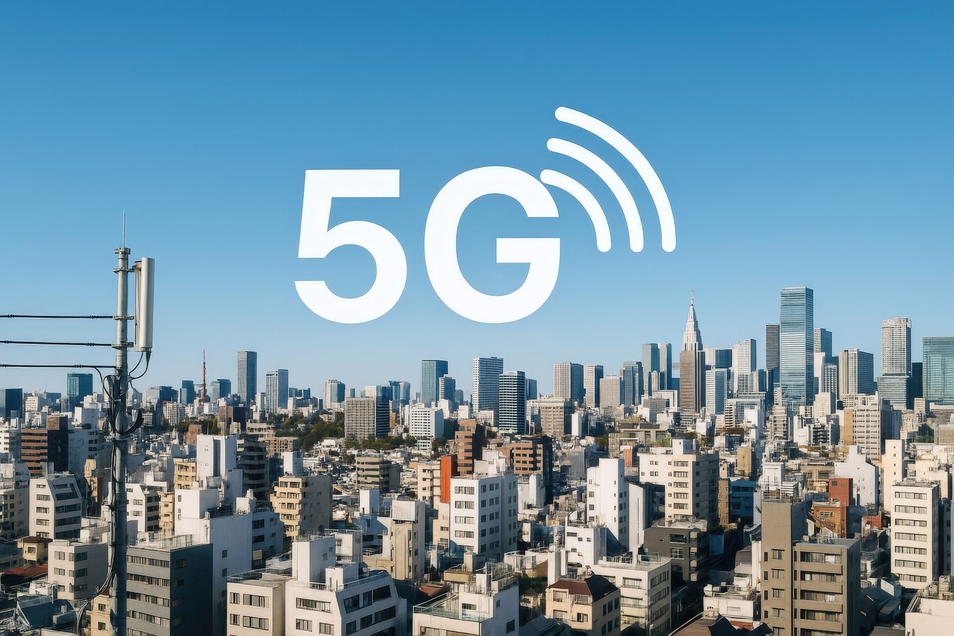 5G通信と高層ビル群の風景