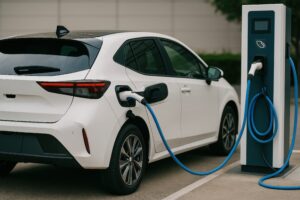 電気自動車と充電スタンドの風景