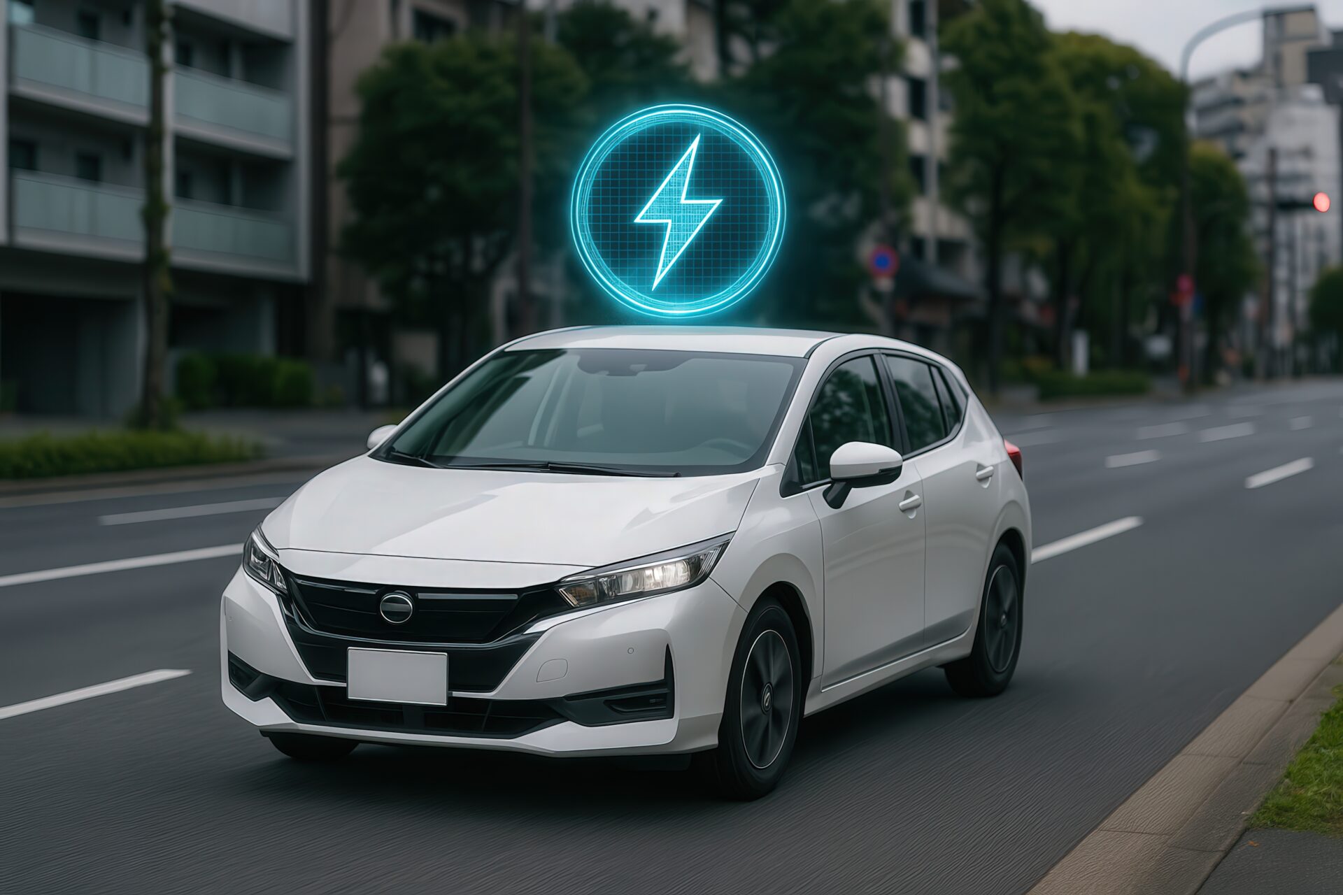 走行中の電気自動車とエネルギーシンボル