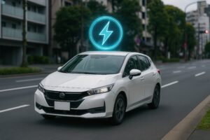 走行中の電気自動車とエネルギーシンボル