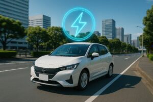 都市を走る電気自動車と発光アイコン