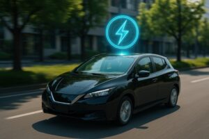 街中を走る黒い電気自動車