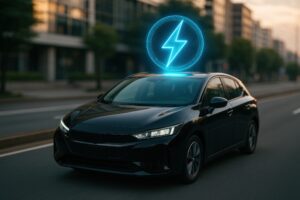 夕暮れ時の電気自動車とエネルギーシンボル