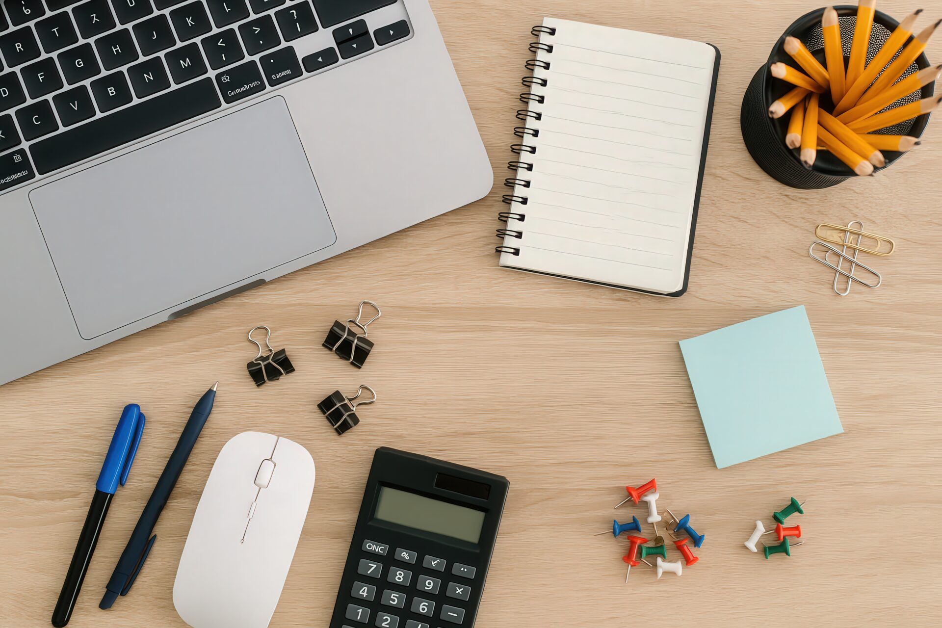 木目調デスクに広がるオフィス用品とノートパソコン