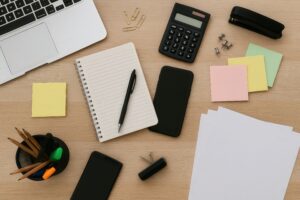 ノートパソコンとカラフルな付箋が並ぶデスク