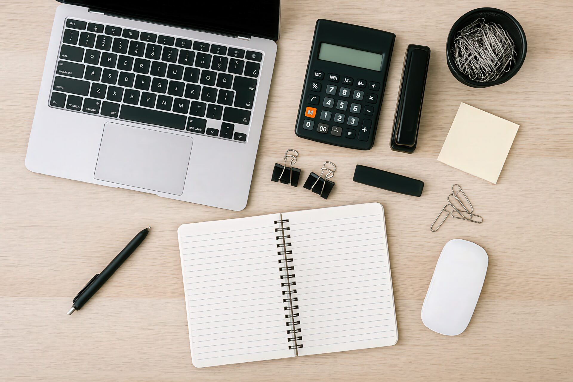 木目調デスクに並ぶノートパソコンと文房具