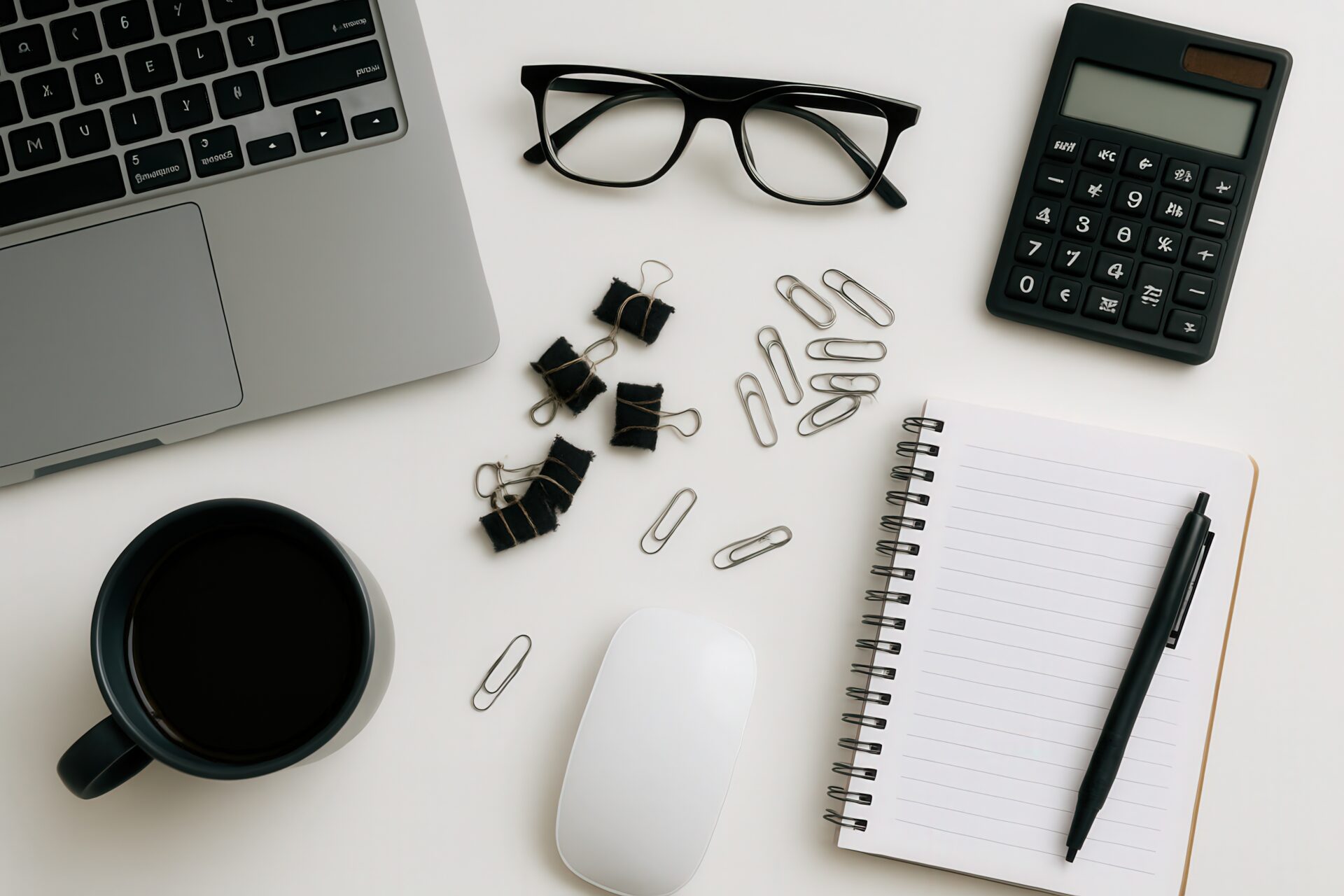 白いデスクに並ぶコーヒーと文房具