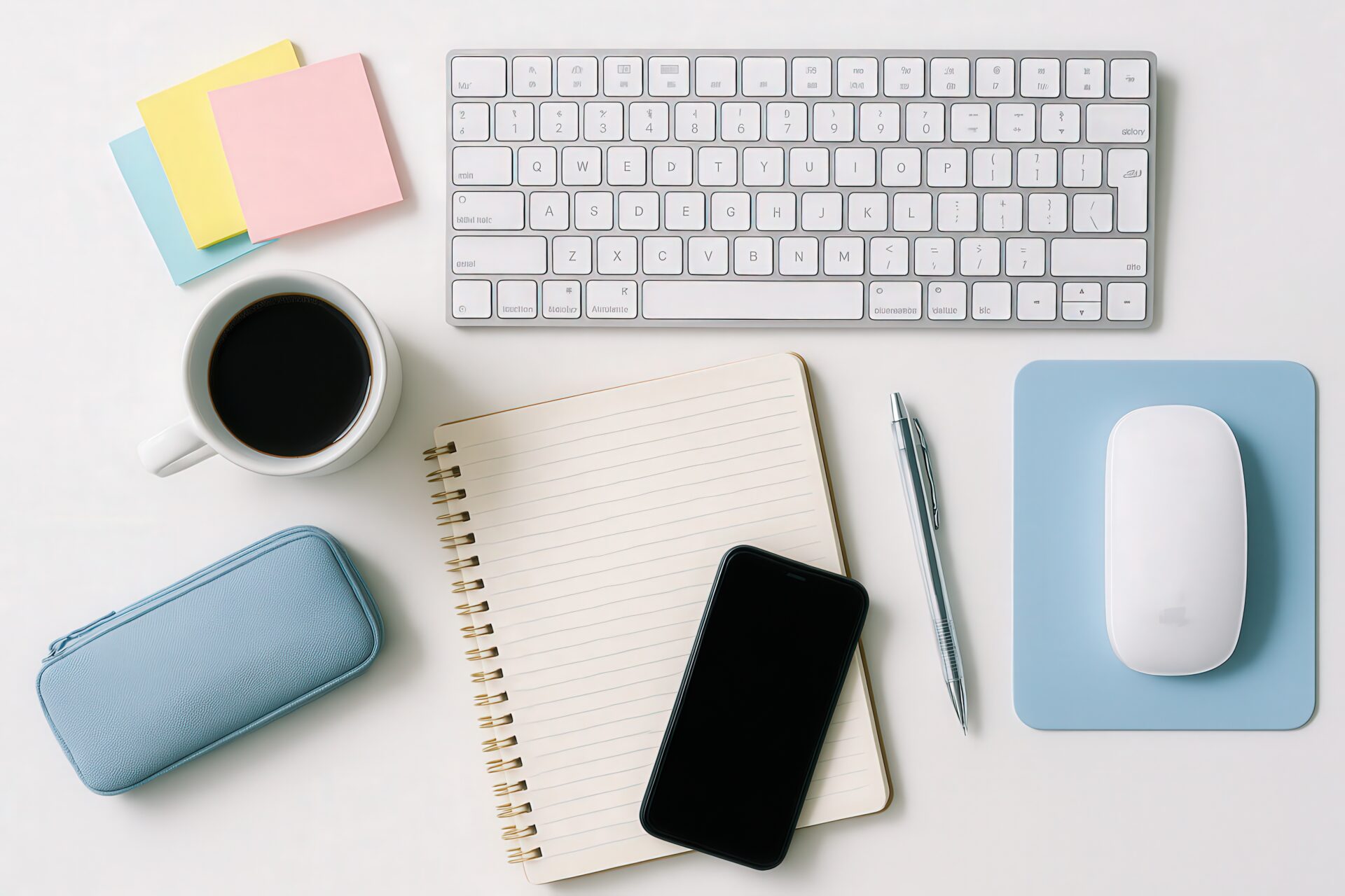 白いデスクに置かれたカラフルな付箋と文房具