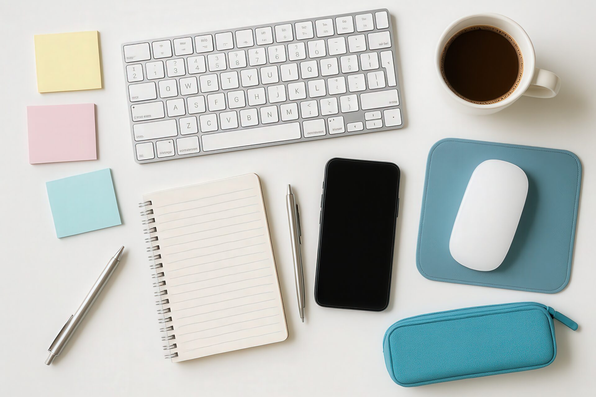 白背景に整列したデスクトップとステーショナリー