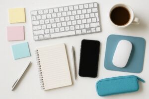 白背景に整列したデスクトップとステーショナリー