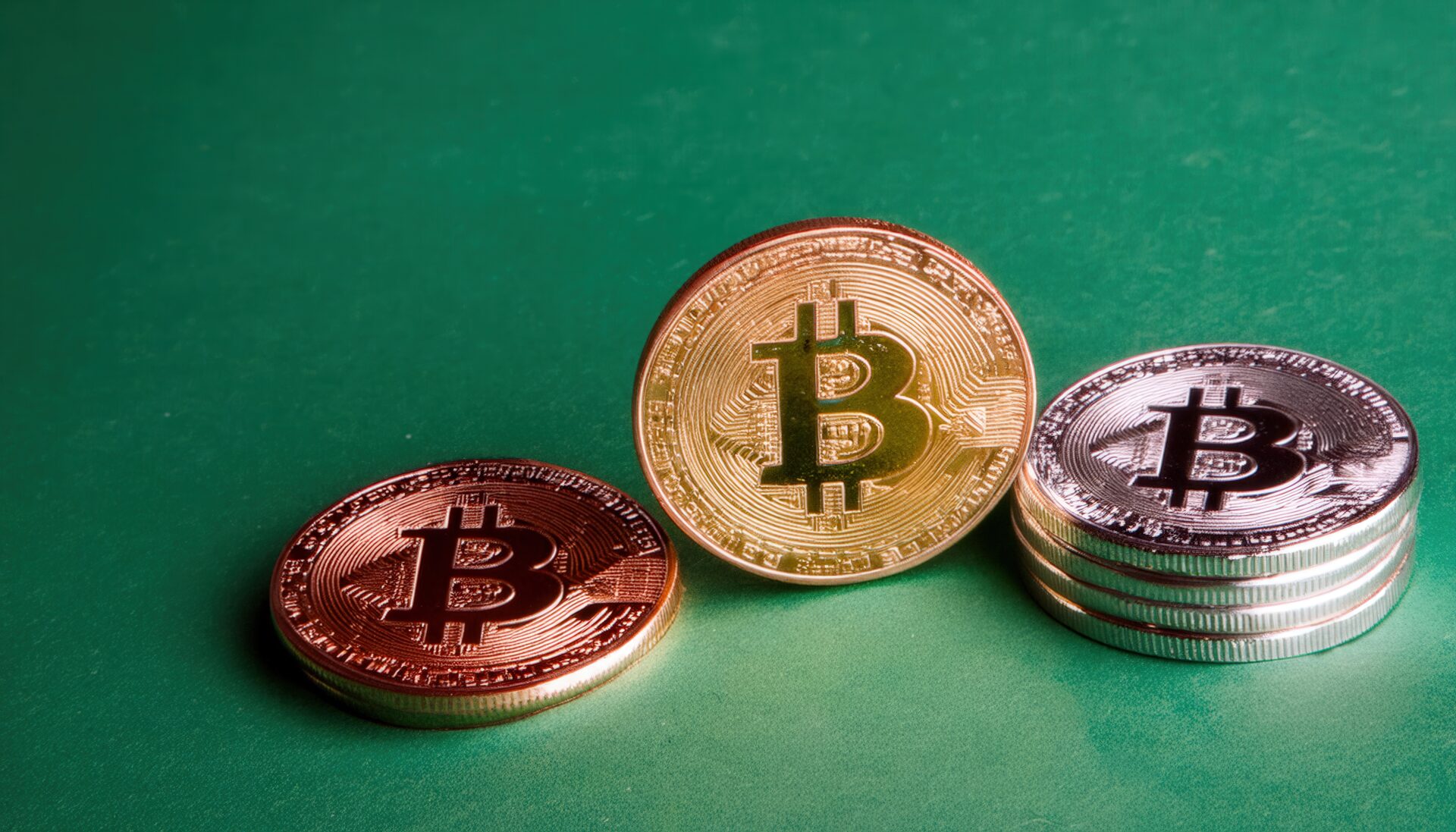 緑の背景に置かれたビットコインのコイン