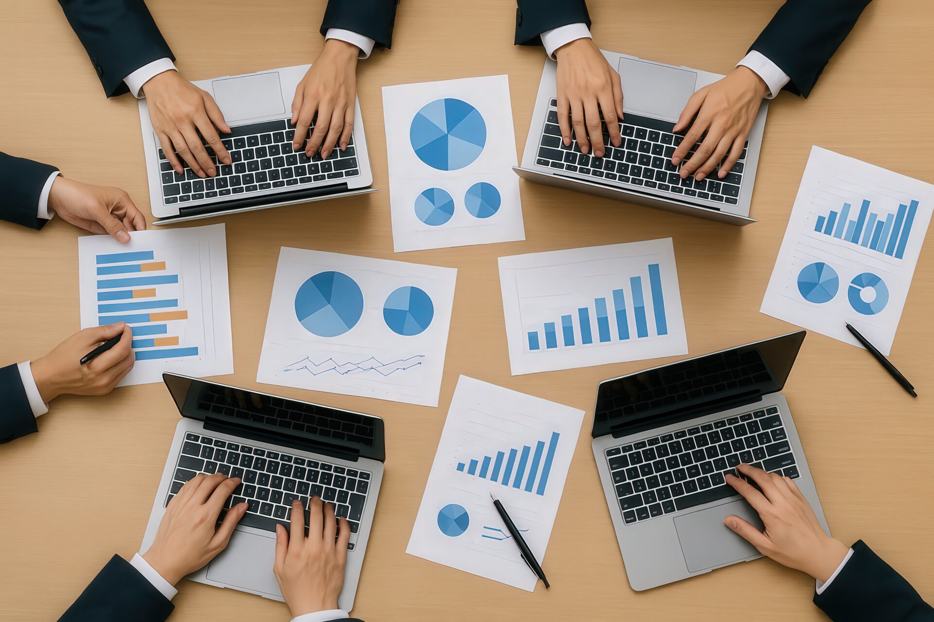 ビジネスミーティングで使用される分析グラフとノートパソコン