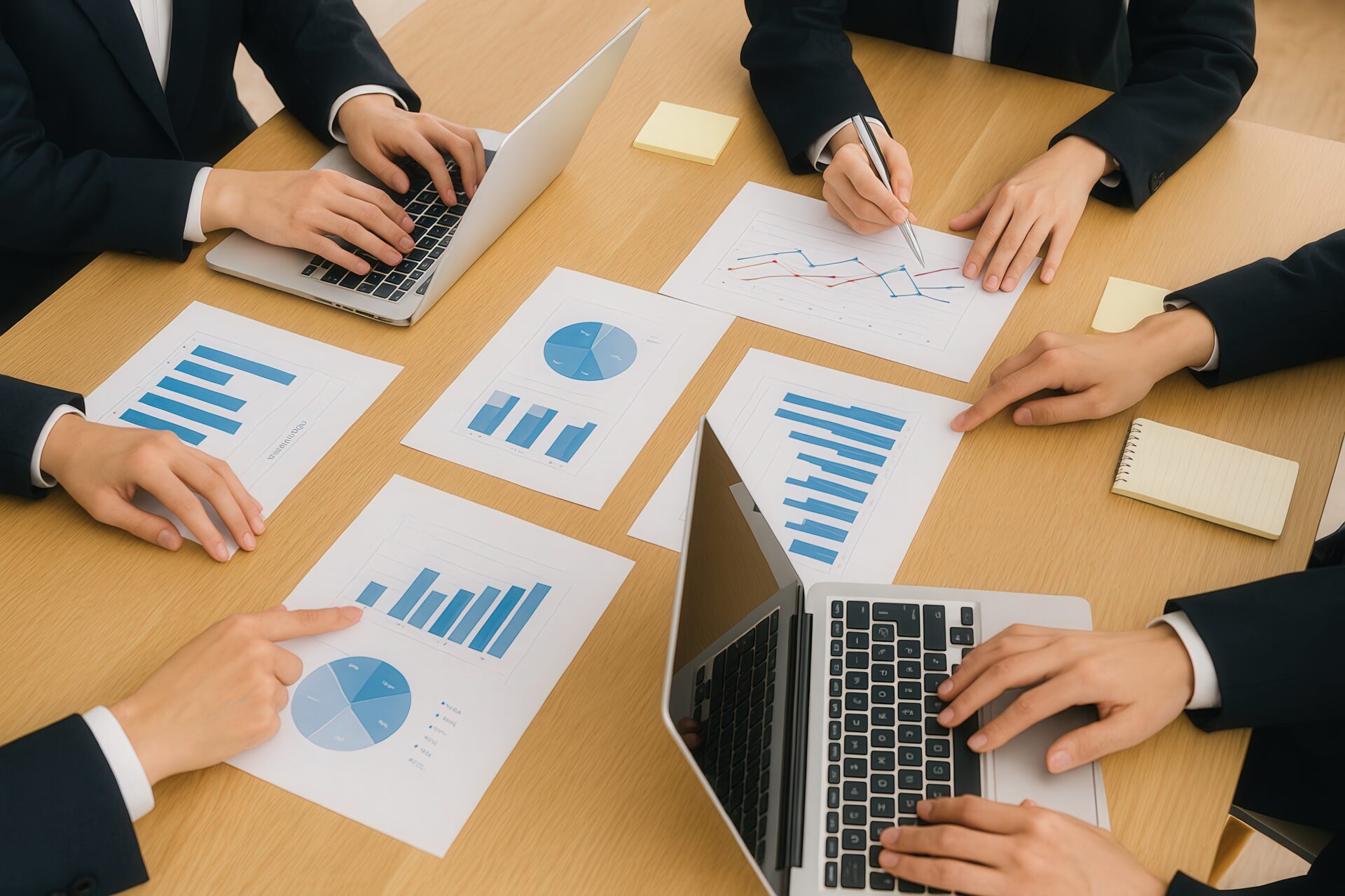 ノートパソコンと棒グラフ資料が置かれた会議デスク