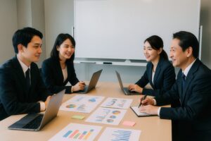 プレゼン資料を囲んでディスカッションするビジネスチーム