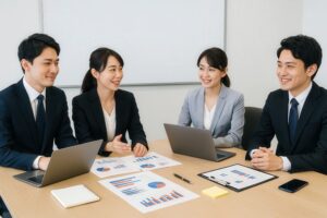 グラフ資料を共有しながら会議するビジネスチーム