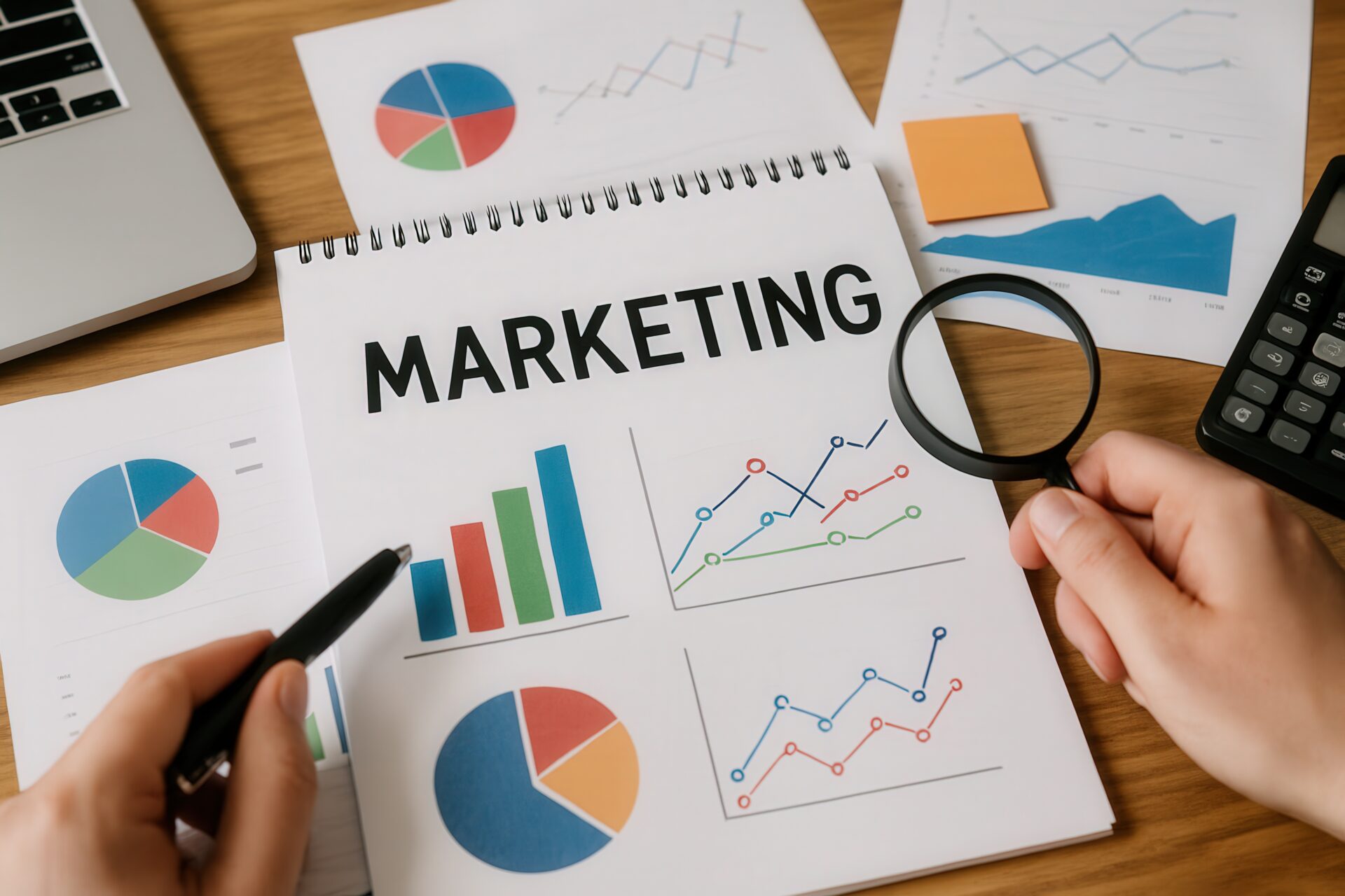 マーケティング資料とグラフを確認する手元