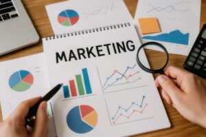 マーケティング資料とグラフを確認する手元