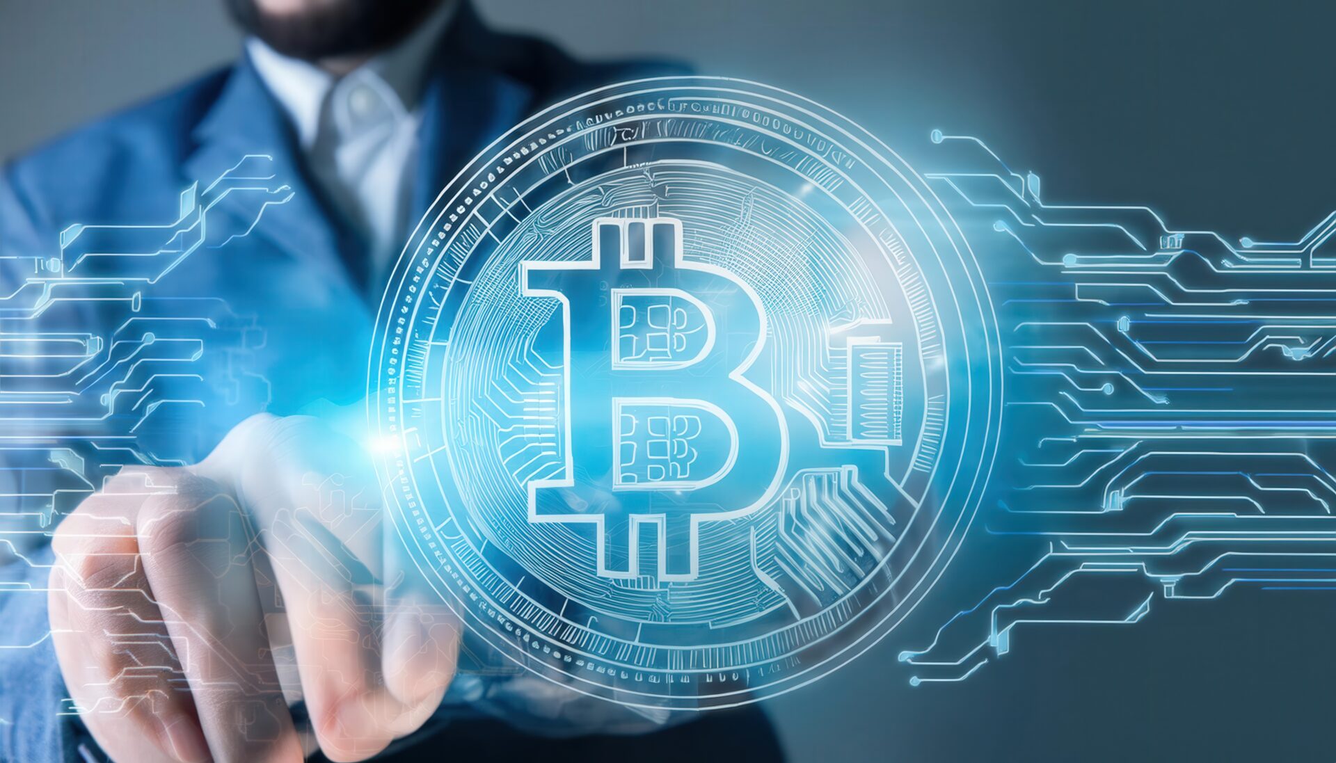 仮想空間のビットコインとスーツの男性
