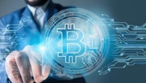 仮想空間のビットコインとスーツの男性