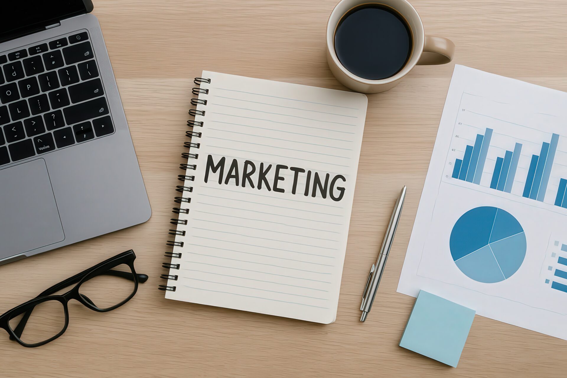 ノートにマーケティングと書かれたデスクトップ