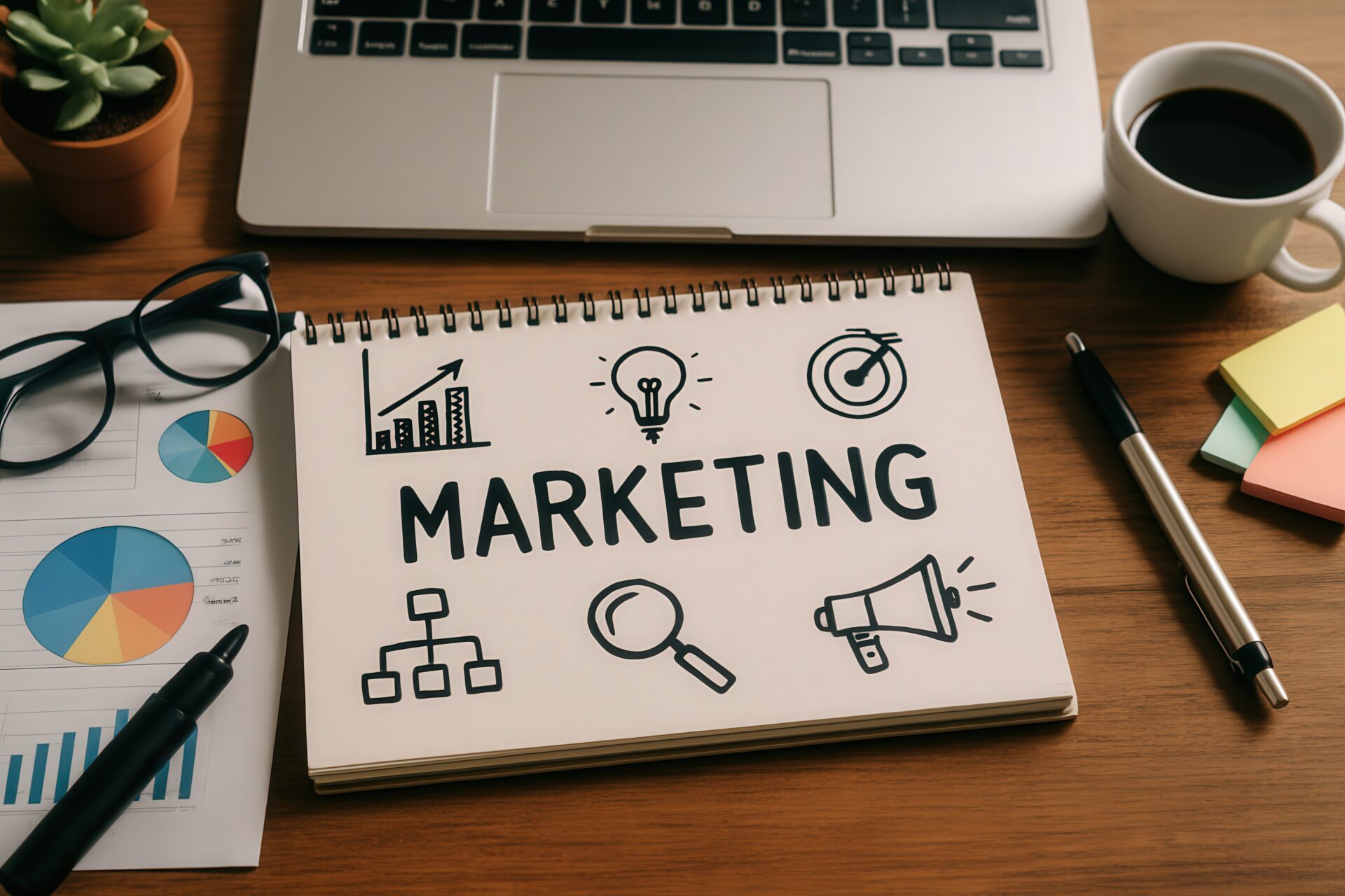 マーケティング戦略ノートとビジネスアイコン