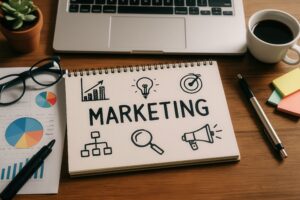 マーケティング戦略ノートとビジネスアイコン