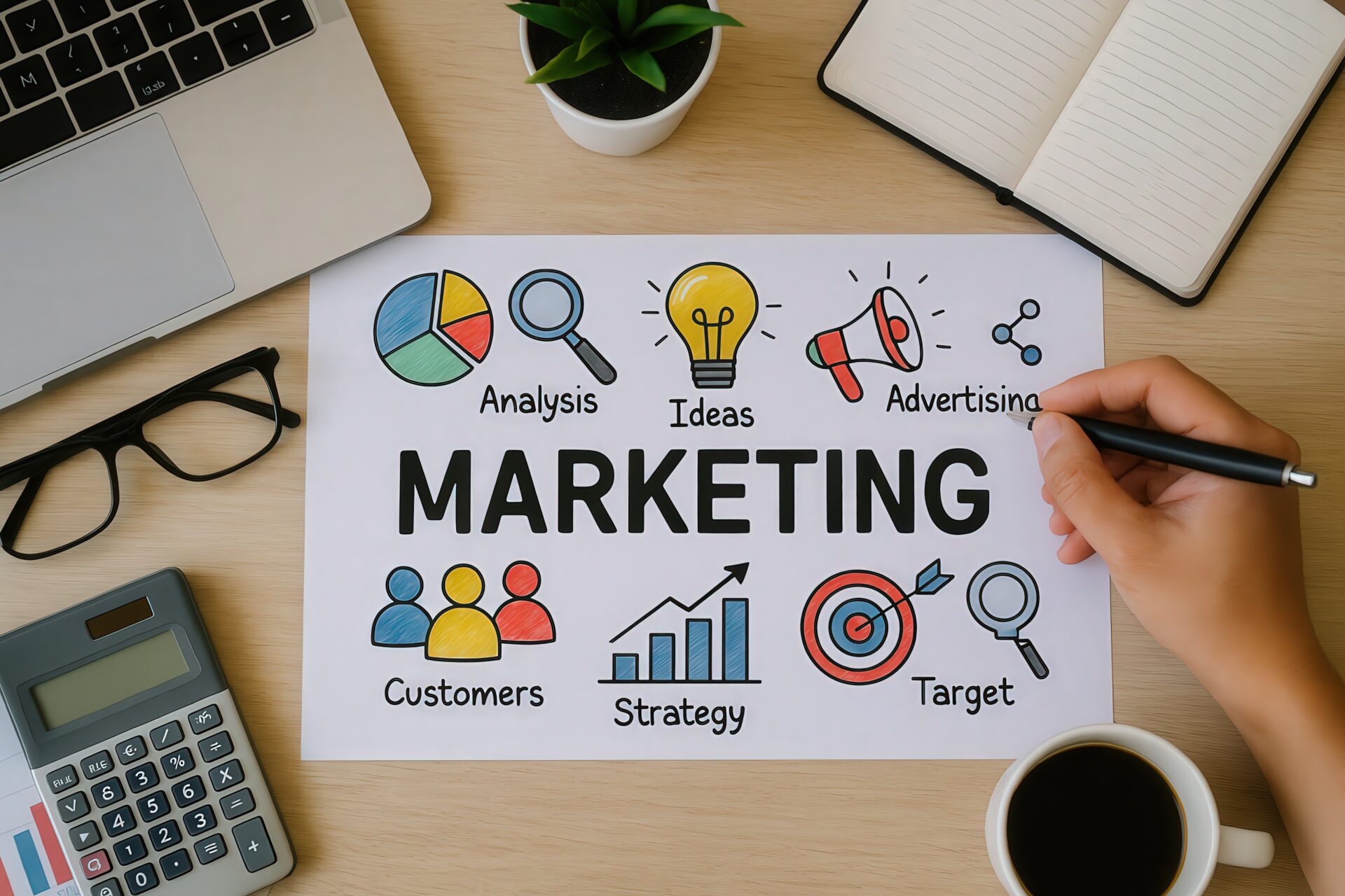 マーケティング戦略のイメージ資料と手元