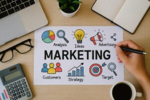 マーケティング戦略のイメージ資料と手元