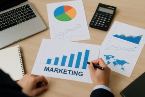 マーケティング成長グラフと資料を確認する手元