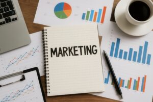 マーケティングノートと成長グラフが並ぶデスク