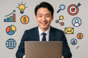 マーケティングとビジネスアイコンが背景の男性