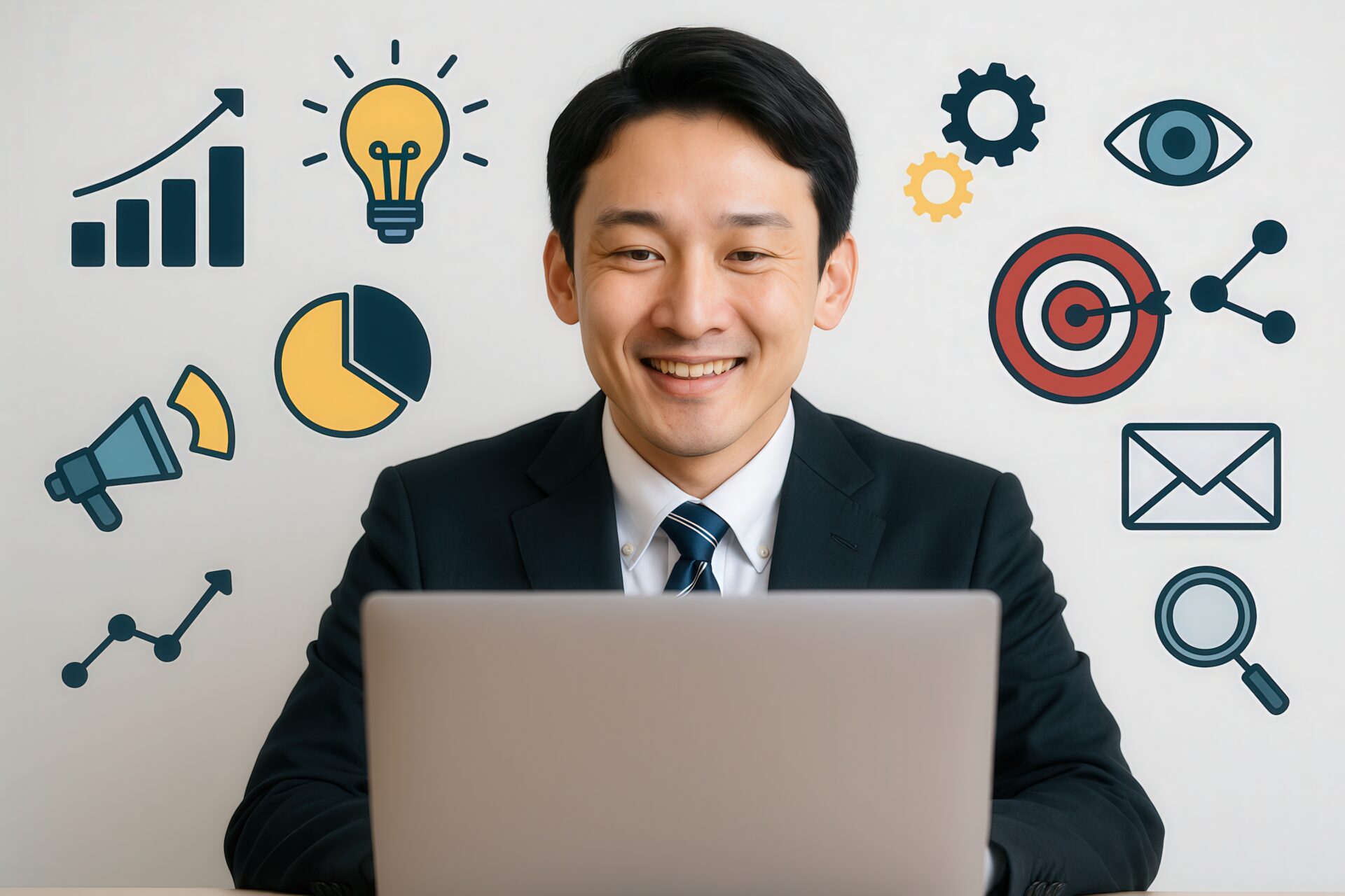 マーケティングアイコンに囲まれたスーツの男性