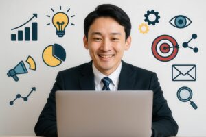 マーケティングアイコンに囲まれたスーツの男性