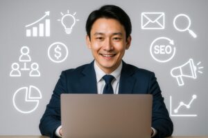 マーケティング戦略アイコンとビジネスマン