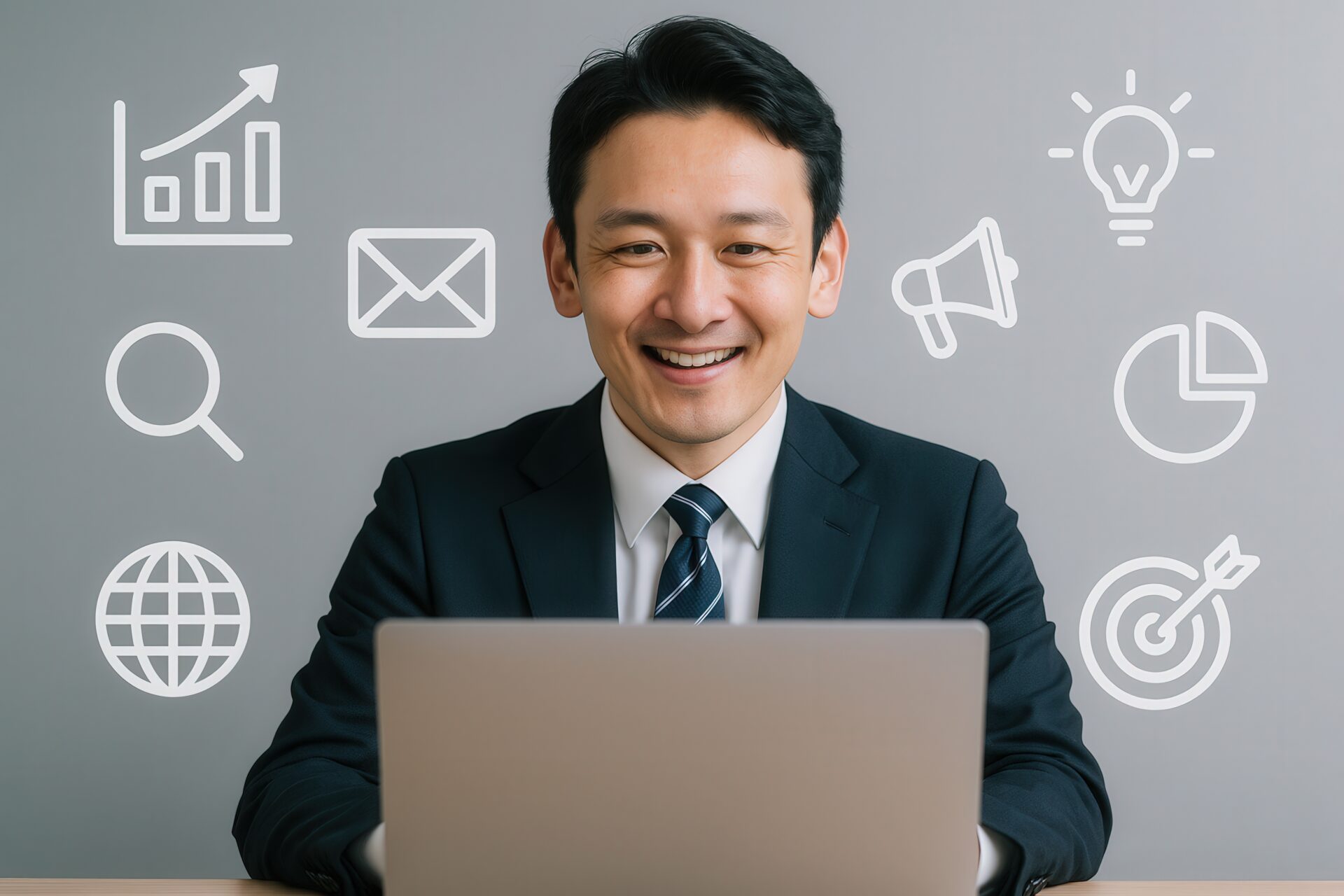 マーケティングアイコンに囲まれたビジネスマン