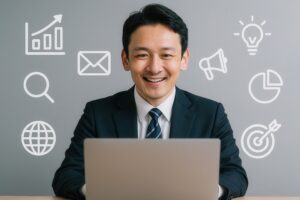 マーケティングアイコンに囲まれたビジネスマン