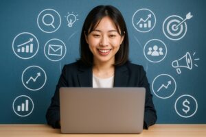マーケティングアイコンとノートパソコンの女性