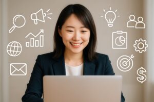 マーケティング戦略アイコンとパソコンを見る女性