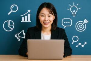 マーケティングアイコンと笑顔のビジネス女性