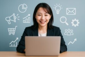 マーケティング戦略とアイコン背景の女性