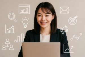 マーケティング分析アイコンに囲まれた女性