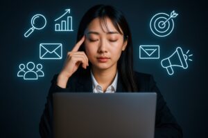 マーケティングアイコンと集中するビジネス女性