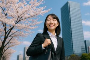 桜とオフィス街を背景に歩く新卒女性
